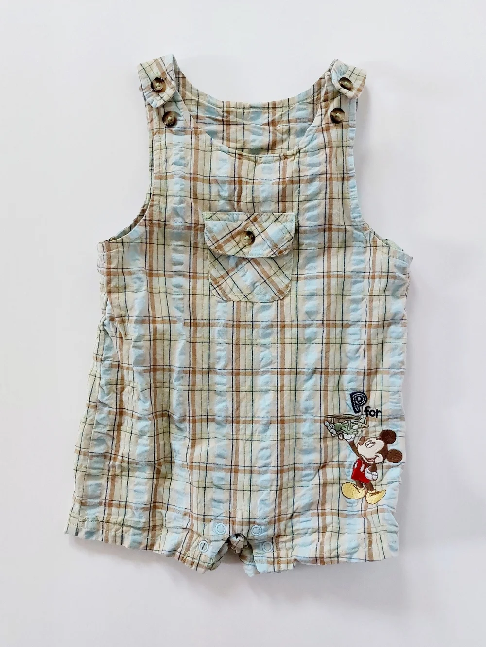 90s Plaid Mickey Mouse P for Plane Shorts Overalls 3-6m Disney Cottagecore Airpl